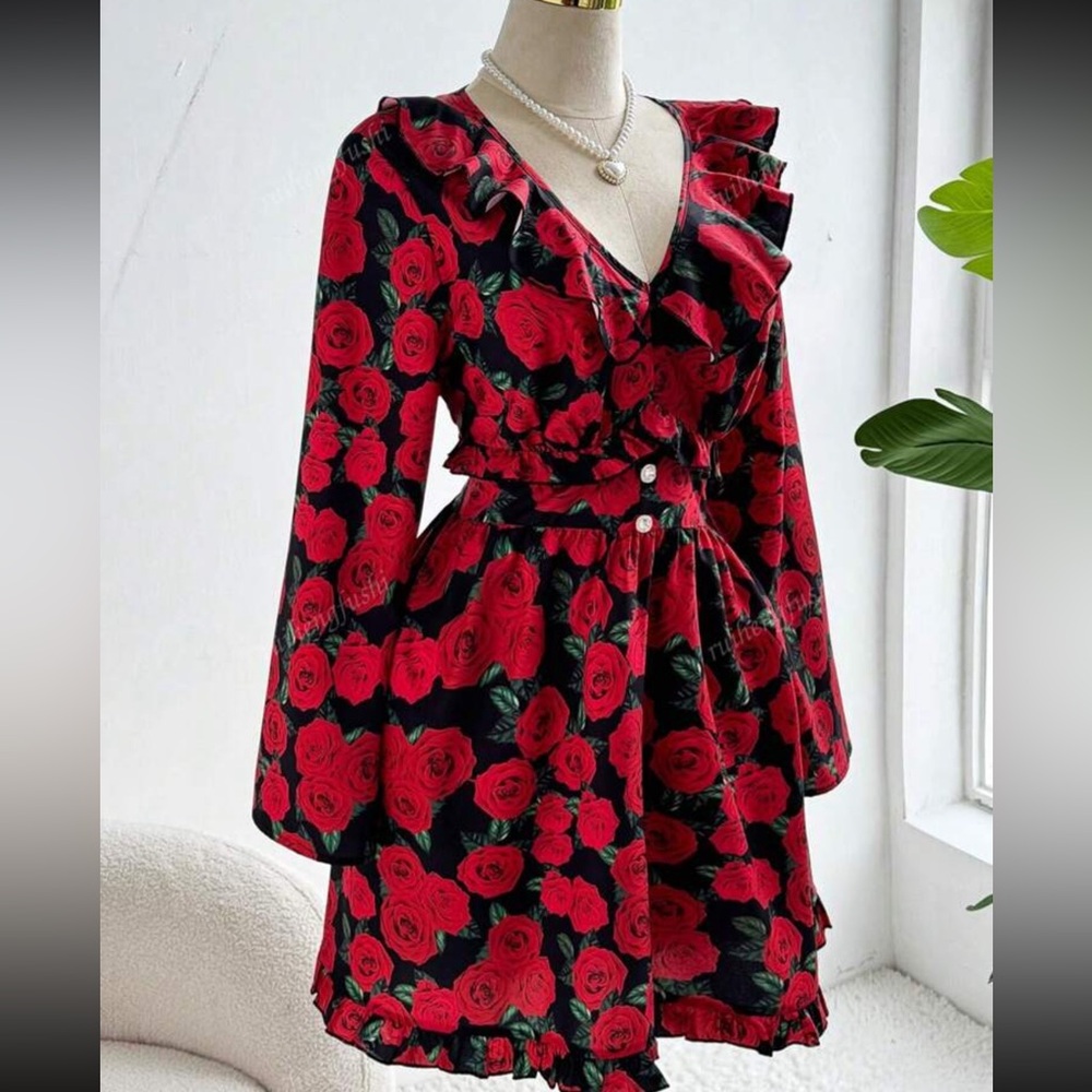 Women's Romantic Rose Print Ruffle Splice Bell Vintage Dress Valentine's Day - Picture 2 of 4